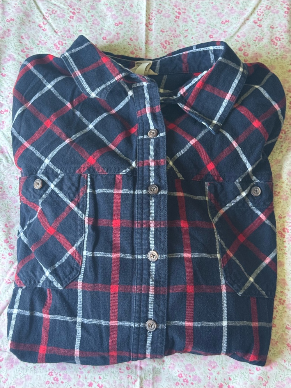 Duluth Trading Co Navy Plaid Button-Down Shirt with Red & White Checks